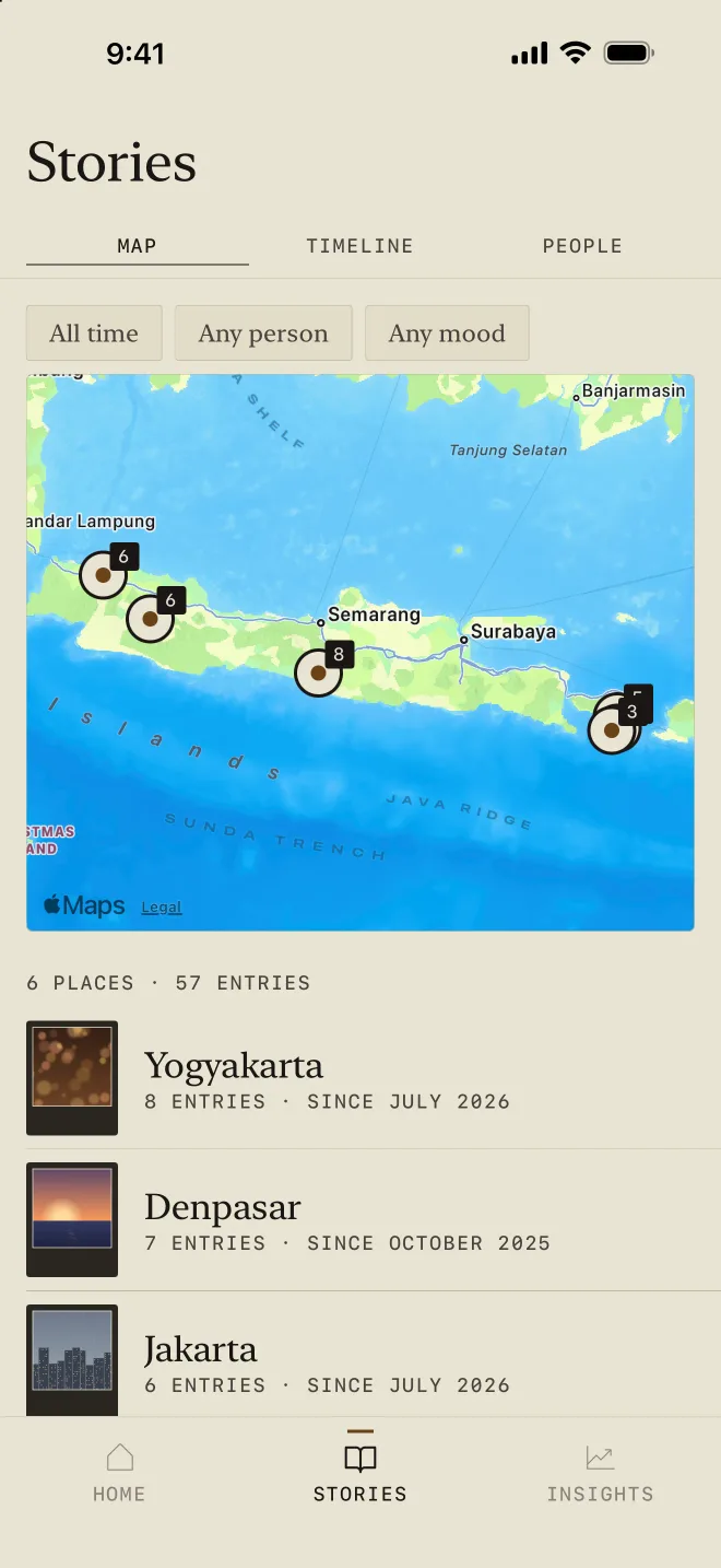 Stories, Map: entries pinned across Java and Bali, with the places listed below.