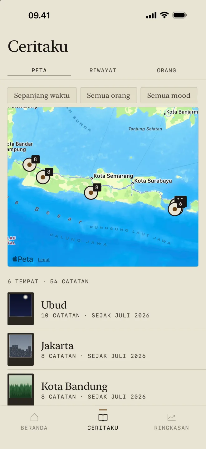 Ceritaku, Peta: catatan tersebar di Jawa dan Bali, dengan daftar tempat di bawahnya.